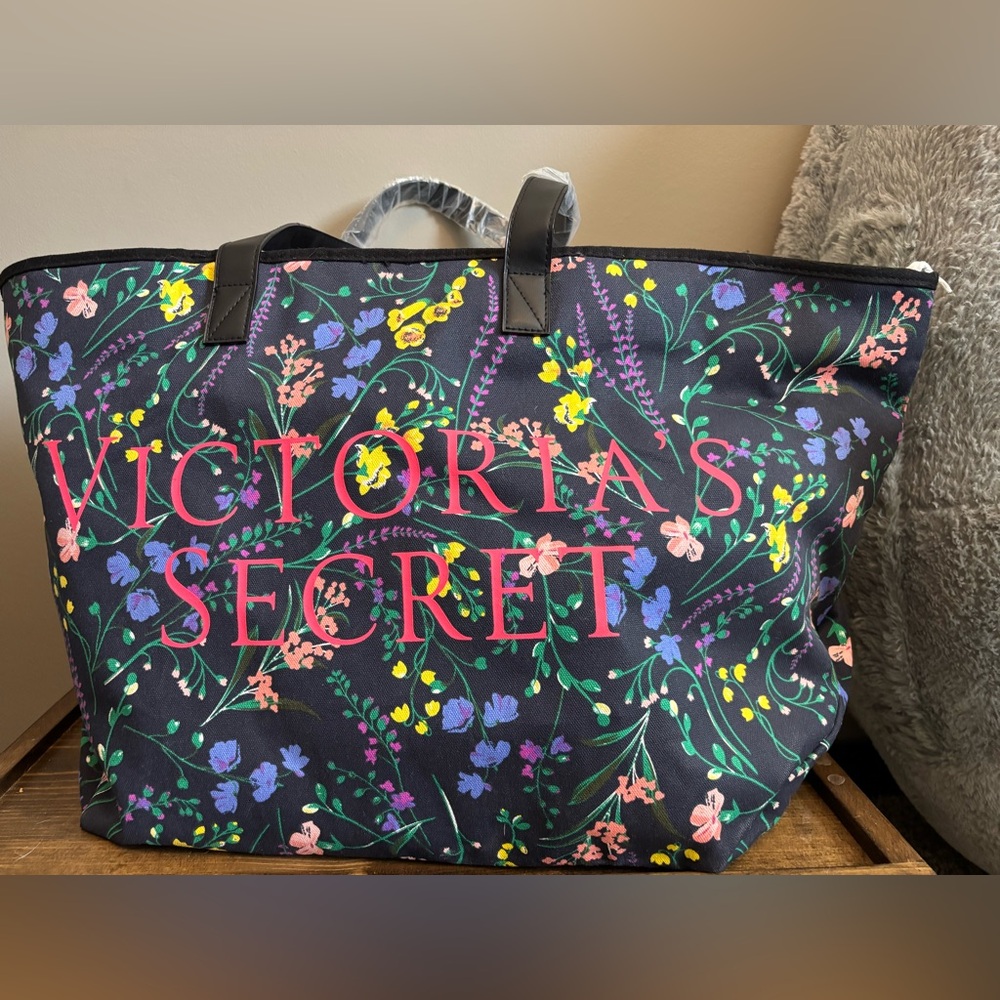 Victoria's Secret Black Tote with Colorful Floral Design